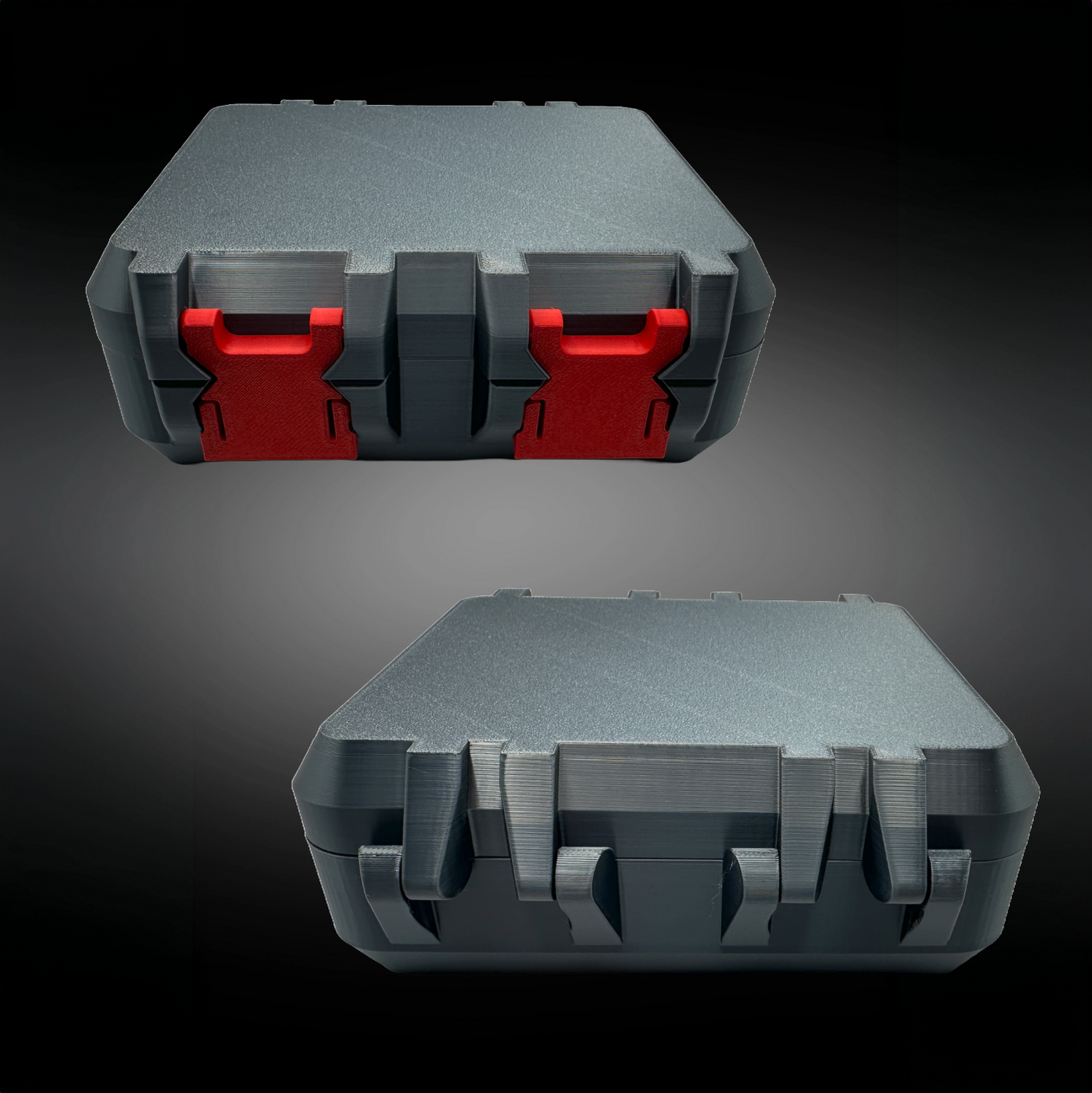 Closed TRT and HRT storage case shown from front and back angles. Rugged design with dual red latches for secure closure.