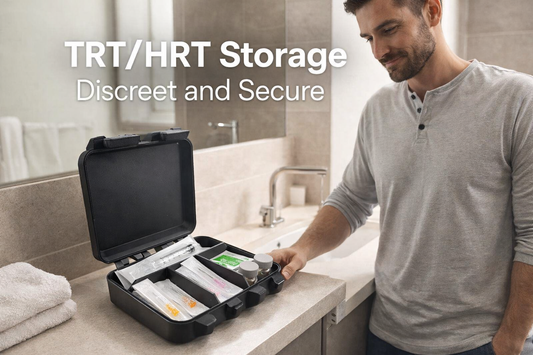 Discreet TRT HRT storage case displayed open on a modern bathroom counter, organized with syringes, two needle sizes, alcohol wipes, and two upright 10ml vials. Low-profile black case designed for privacy, secure storage, and everyday home use, shown in a clean, neutral bathroom environment with a man standing nearby.