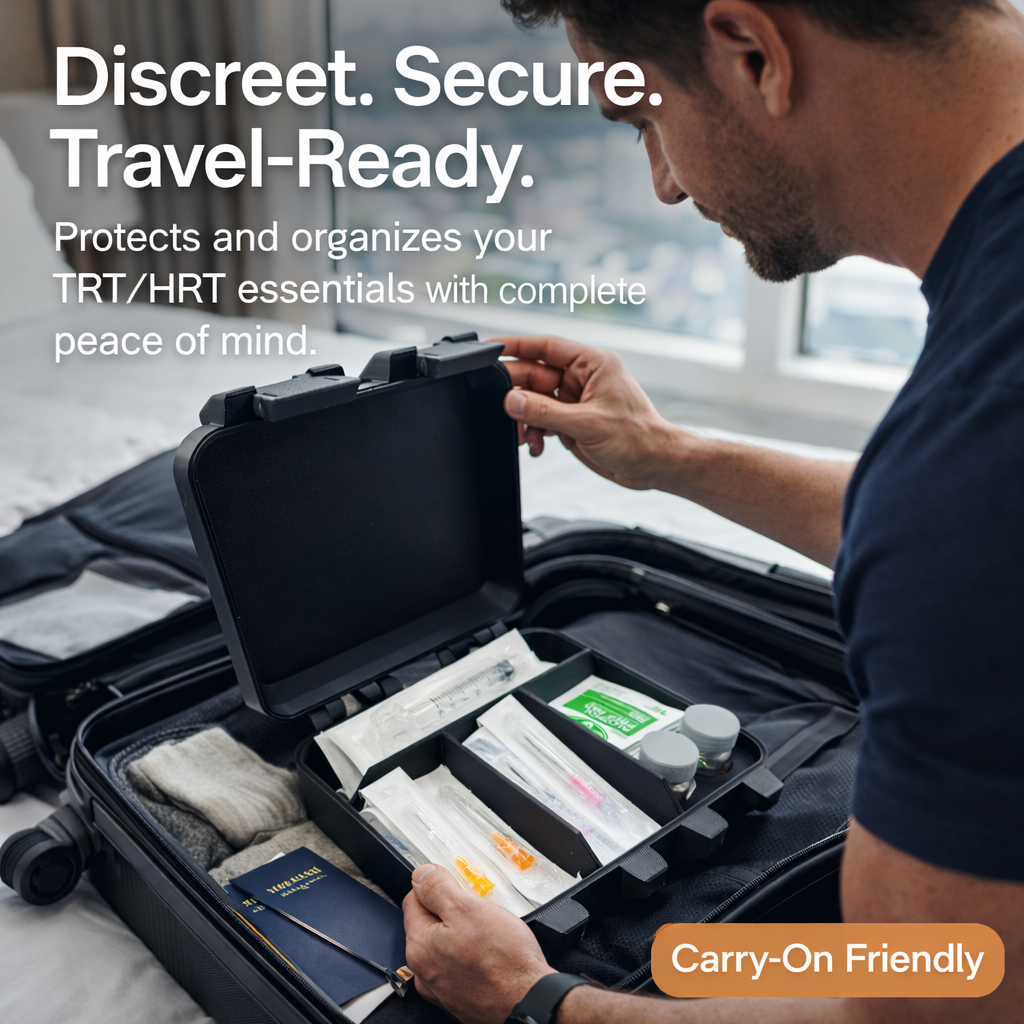 TRT HRT storage case opened inside a carry-on suitcase, neatly holding syringes, alcohol wipes, and two 10ml vials. Slim, low-profile black organizer designed for discreet travel, easy packing, and secure transport of essential supplies, shown in a hotel or travel setting with a man accessing the case.