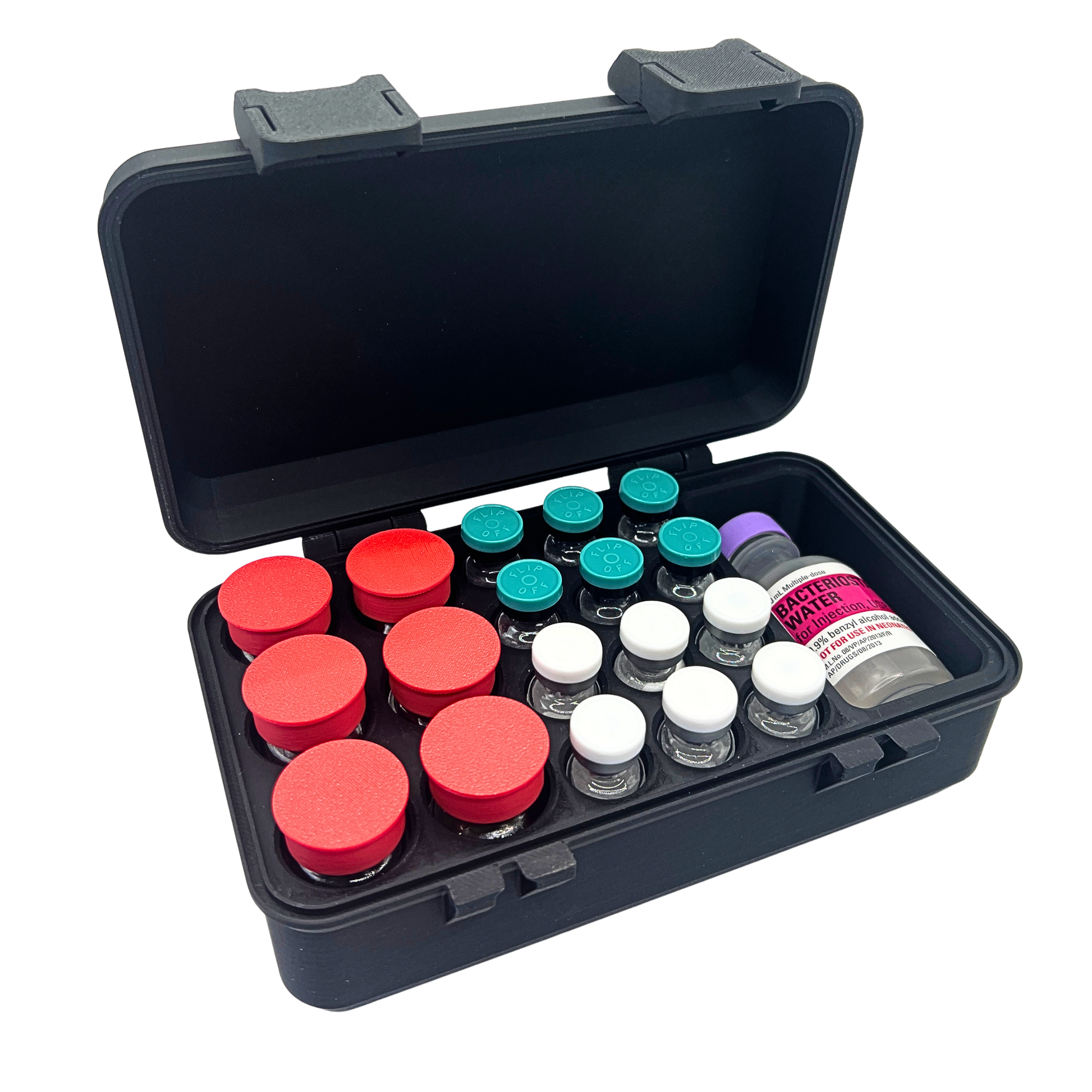 Open vial storage case at an angle holding six 10ml vials with red caps, twelve 3ml vials, and a 30ml bacteriostatic water bottle in precision-fit slots