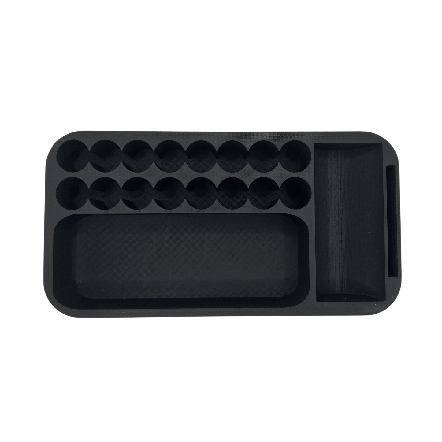 Top view of empty YETI GoBox 1 vial insert showing two rows of eight vial slots, syringe compartment, and BAC water slot layout