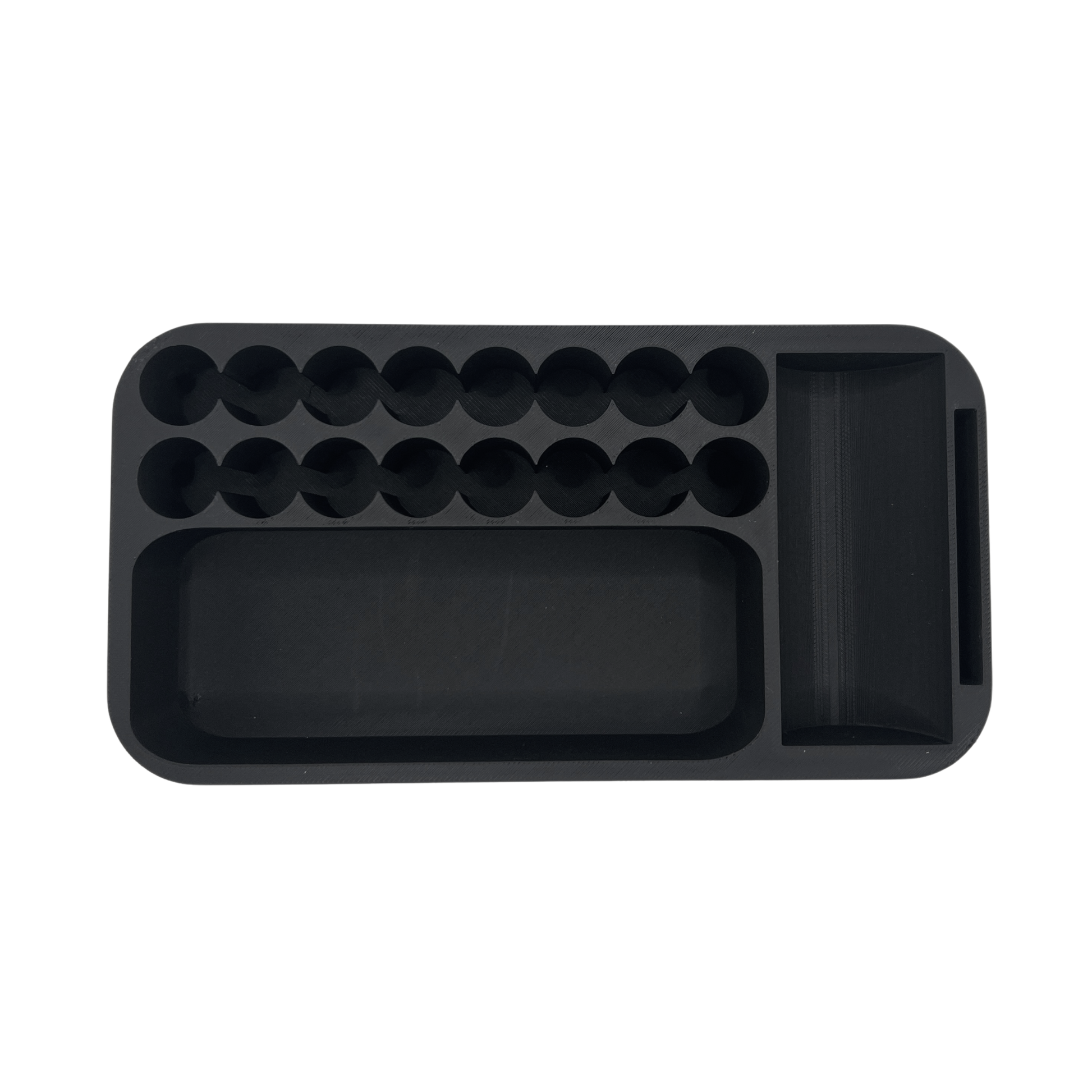 Top view of empty YETI GoBox 1 vial insert showing two rows of eight vial slots, syringe compartment, and BAC water slot layout