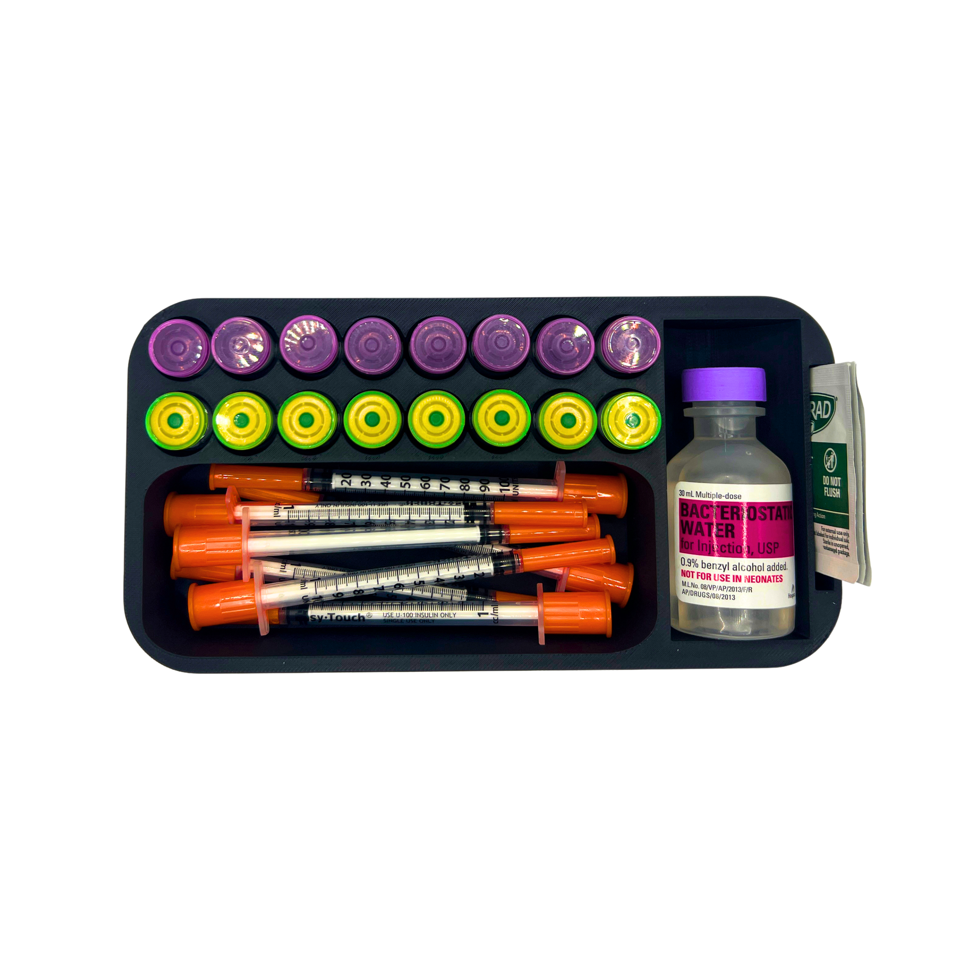 Top view of loaded YETI GoBox 1 vial insert with 16 3ml vials in two rows, multiple syringes, BAC water bottle, and wipes
