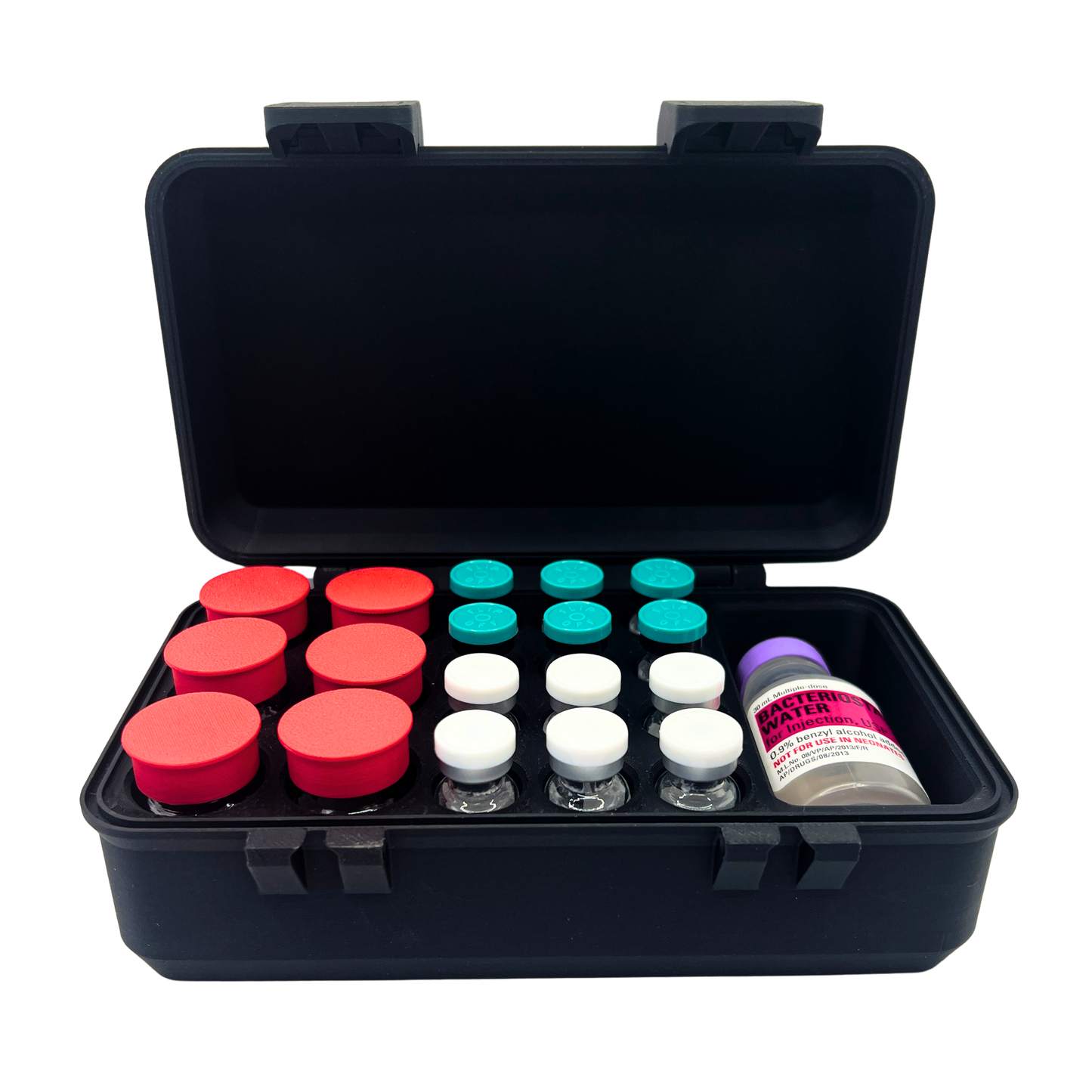 Front view of open black vial organizer case with six 10ml vials, twelve 3ml vials, and a bacteriostatic water bottle stored upright in individual cavities