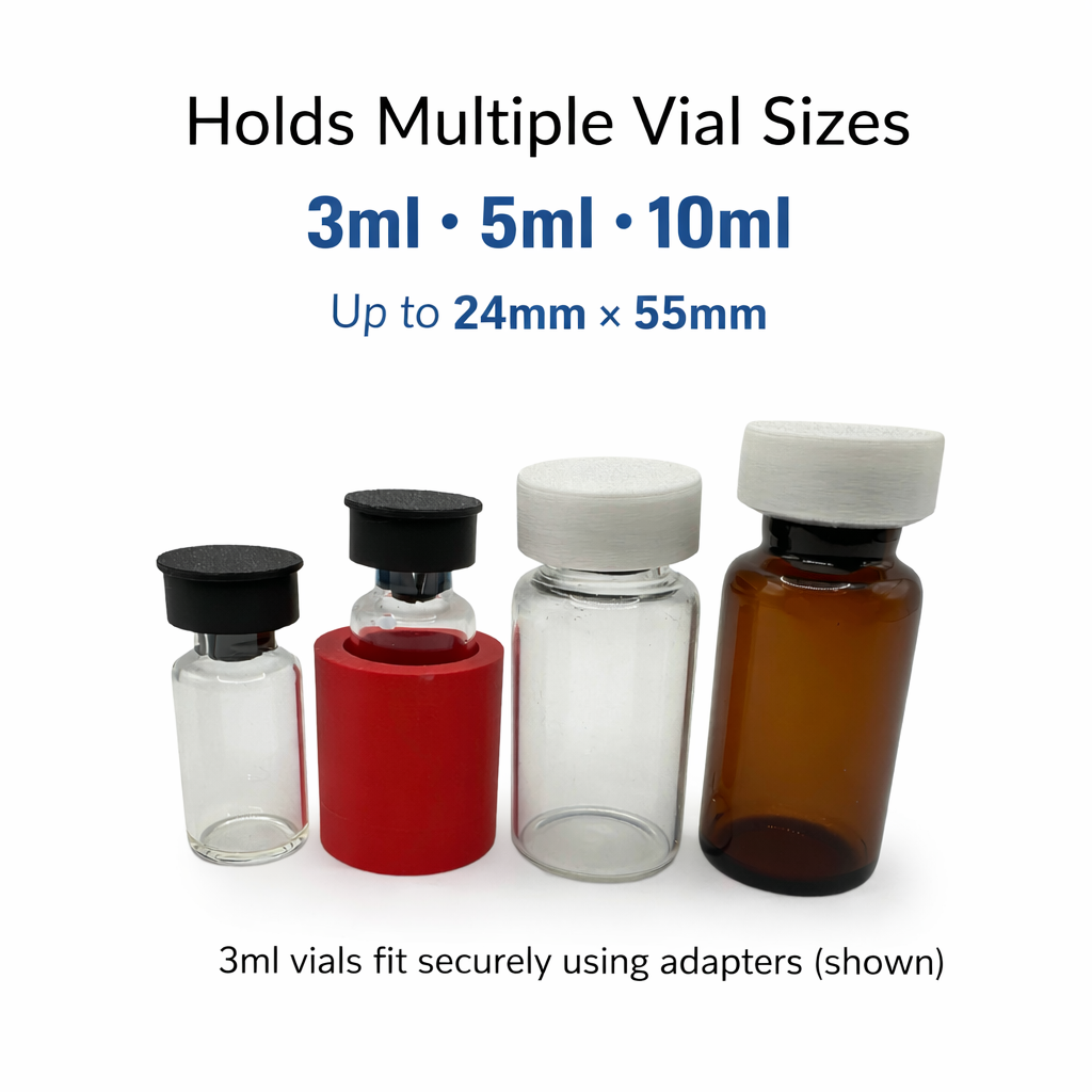 Vial size comparison image showing 3mL, 5mL, and 10mL vials next to each other to demonstrate compatibility with the multi-size vial storage case. 3mL vial shown seated inside a red adapter for secure fit, while 5mL and 10mL vials fit directly without adapters. Visual reference highlights maximum supported dimensions up to approximately 24mm diameter and 55mm height.