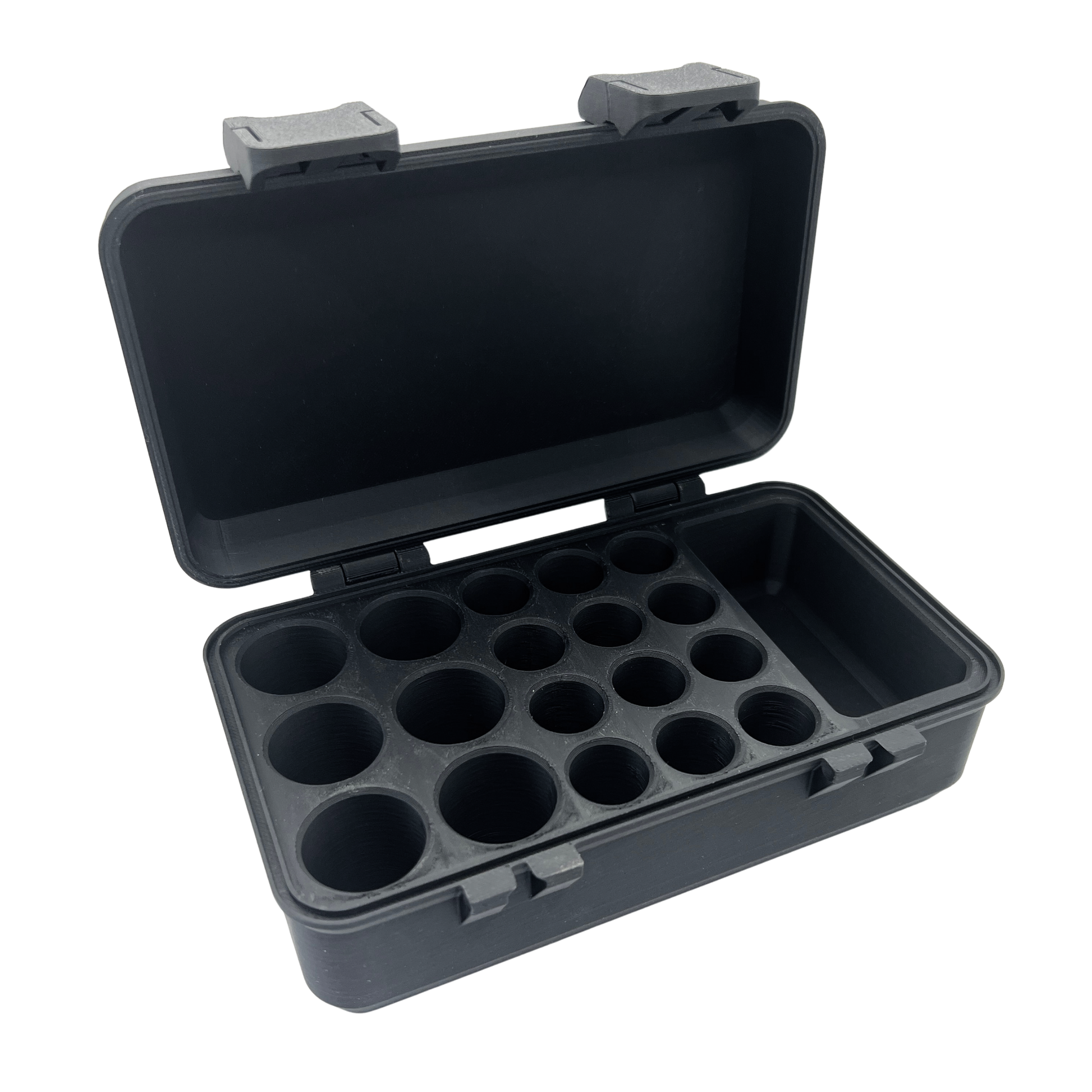 Empty vial storage case interior showing nineteen precision-fit slots for six 10ml vials, twelve 3ml vials, and a 30ml bacteriostatic water bottle