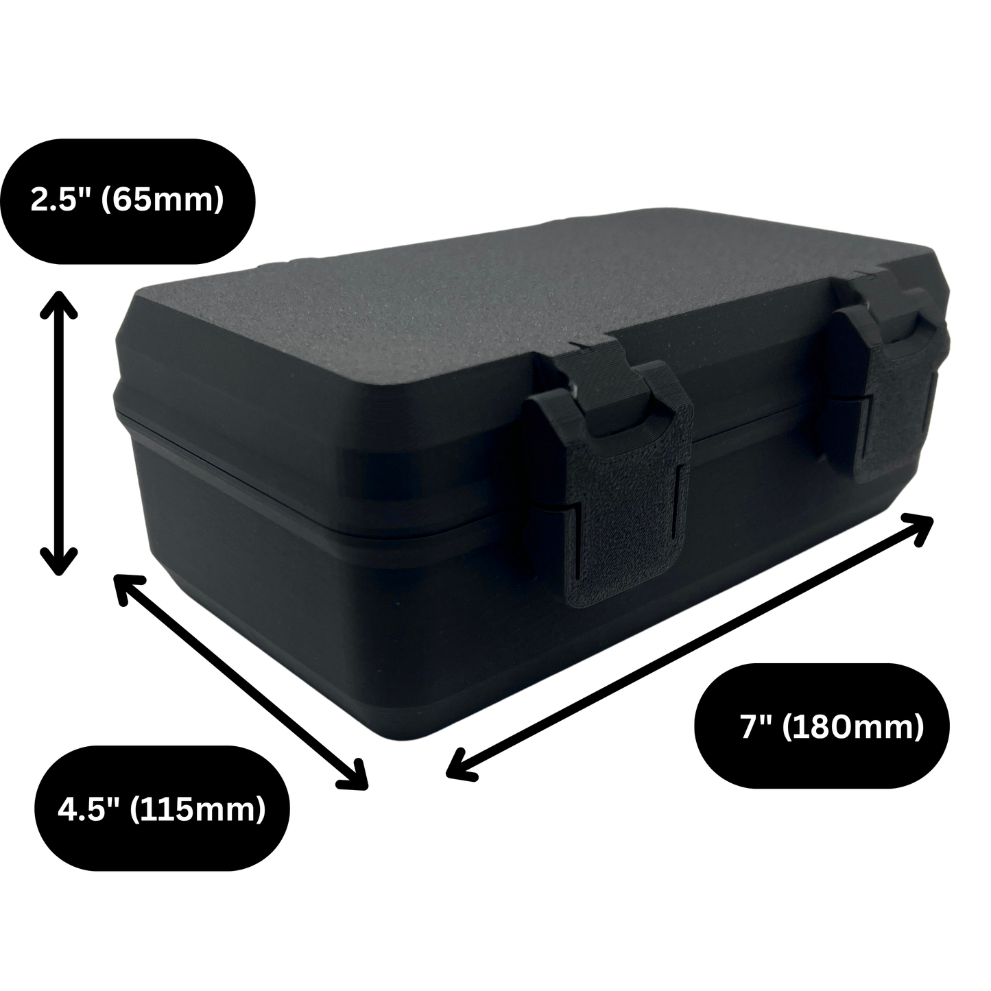 Matte black hard shell vial storage case shown closed with labeled exterior dimensions of 7 inches long, 4.5 inches wide, and 2.5 inches tall