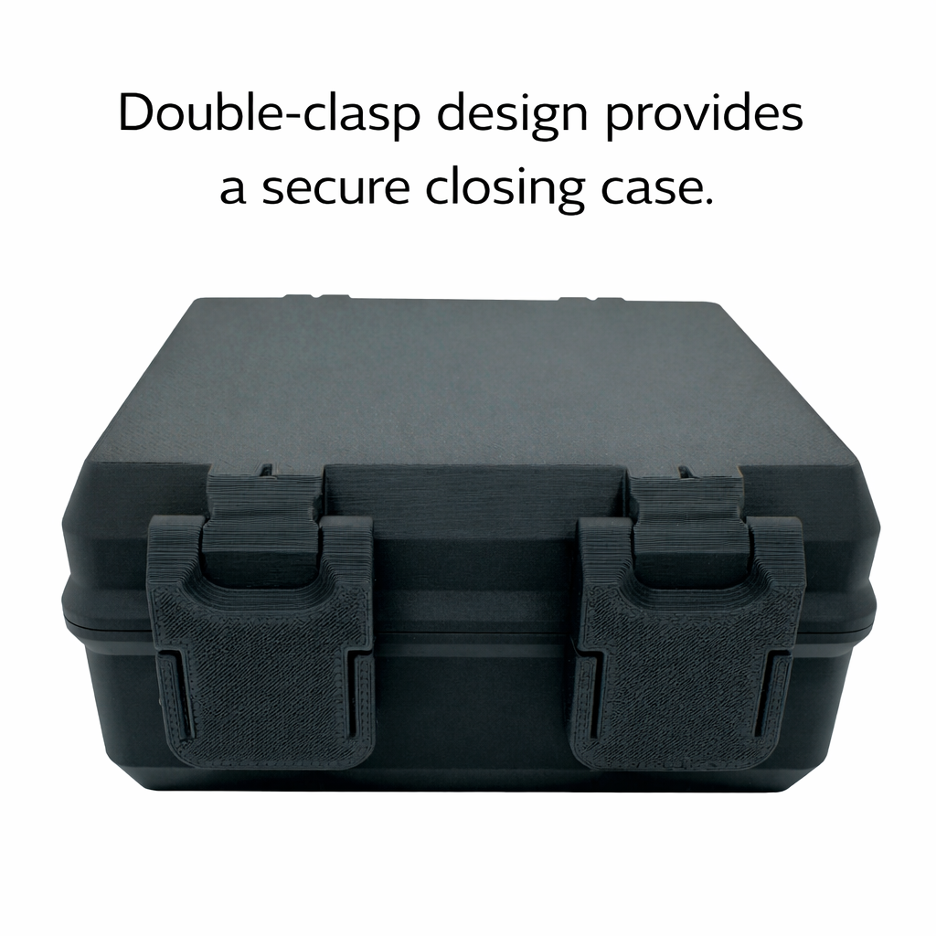 Closed multi-size vial storage case featuring dual front clasp design for secure closure. Compact rectangular case shown fully latched, providing added protection for stored vials during transport or storage. Double-clasp system helps keep contents safely enclosed in drawers, bags, or refrigerators.