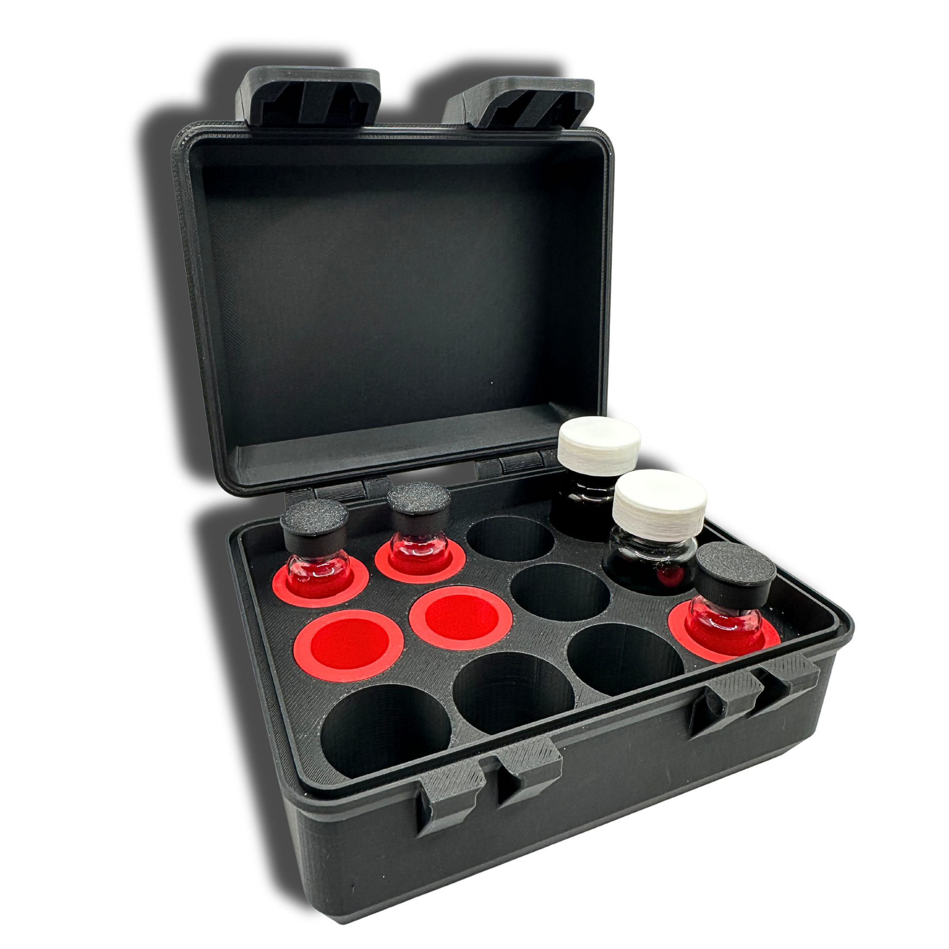 Angled view of open vial storage case displaying modular adapter system. Red adapters are installed in select slots to reduce diameter for secure 3mL vial fit, while remaining slots accommodate 5mL and 10mL vials without adapters. Layout demonstrates customizable slot configuration that allows mixed vial sizes in one compact organizer without movement or contact.