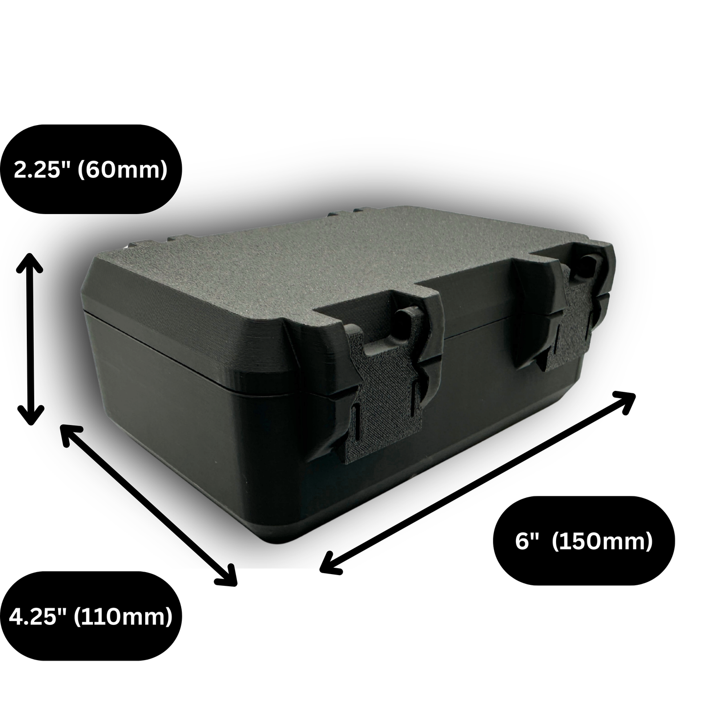 Closed compact vial and syringe organizer case with snap lock closure shown with exterior dimensions labeled. Case measures approximately 6 inches long, 4.25 inches wide, and 2.25 inches tall. Designed for portable storage and organization.
