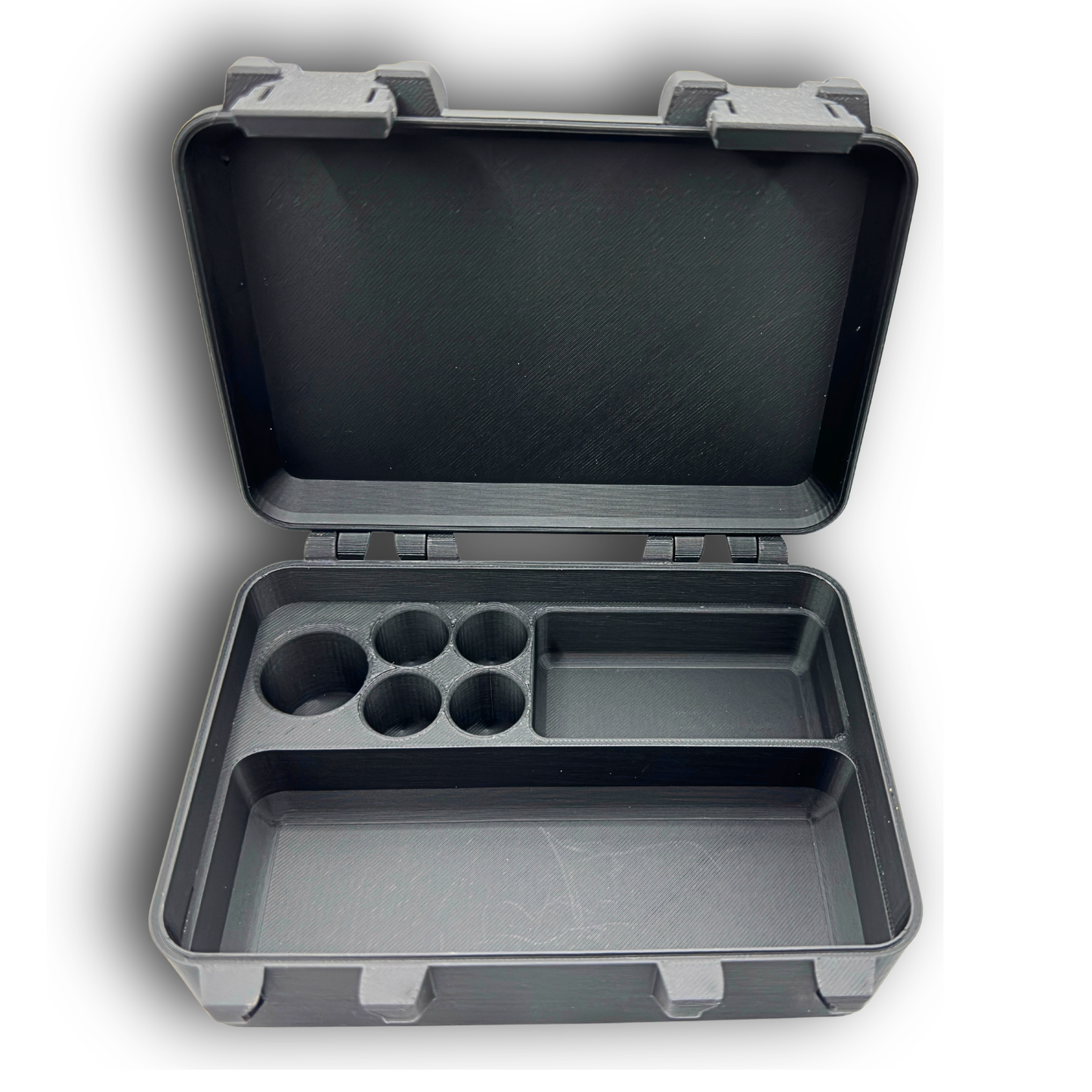 Empty vial and syringe organizer case displayed open to show interior layout. Includes precision fit slots for one 10ml vial, four 3ml vials, a larger vial slot, and a wide compartment for syringes or accessories. Compact hinged case design.
