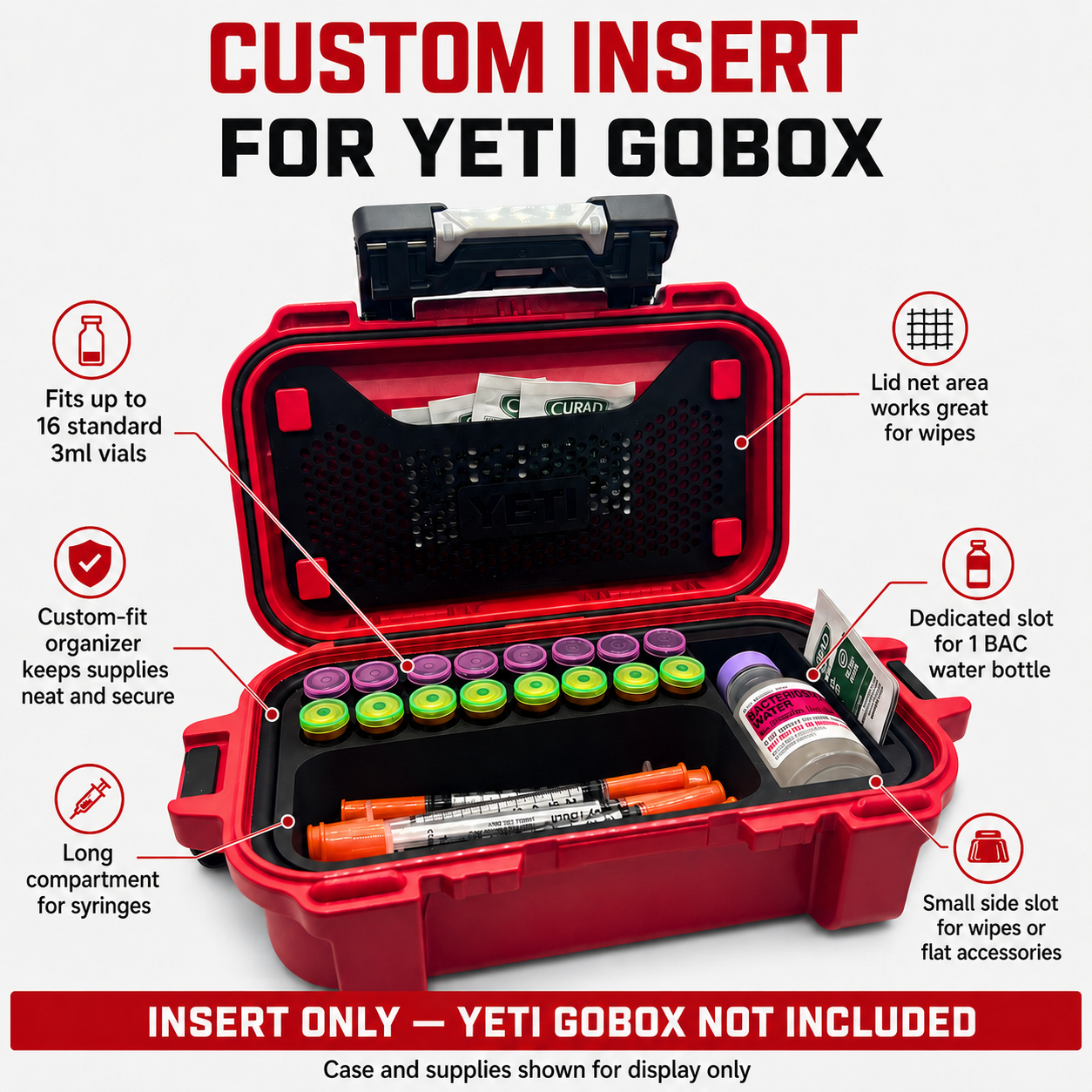 Custom insert for YETI GoBox 1 loaded with 16 3ml vials, syringes, and BAC water bottle with labeled compartment callouts