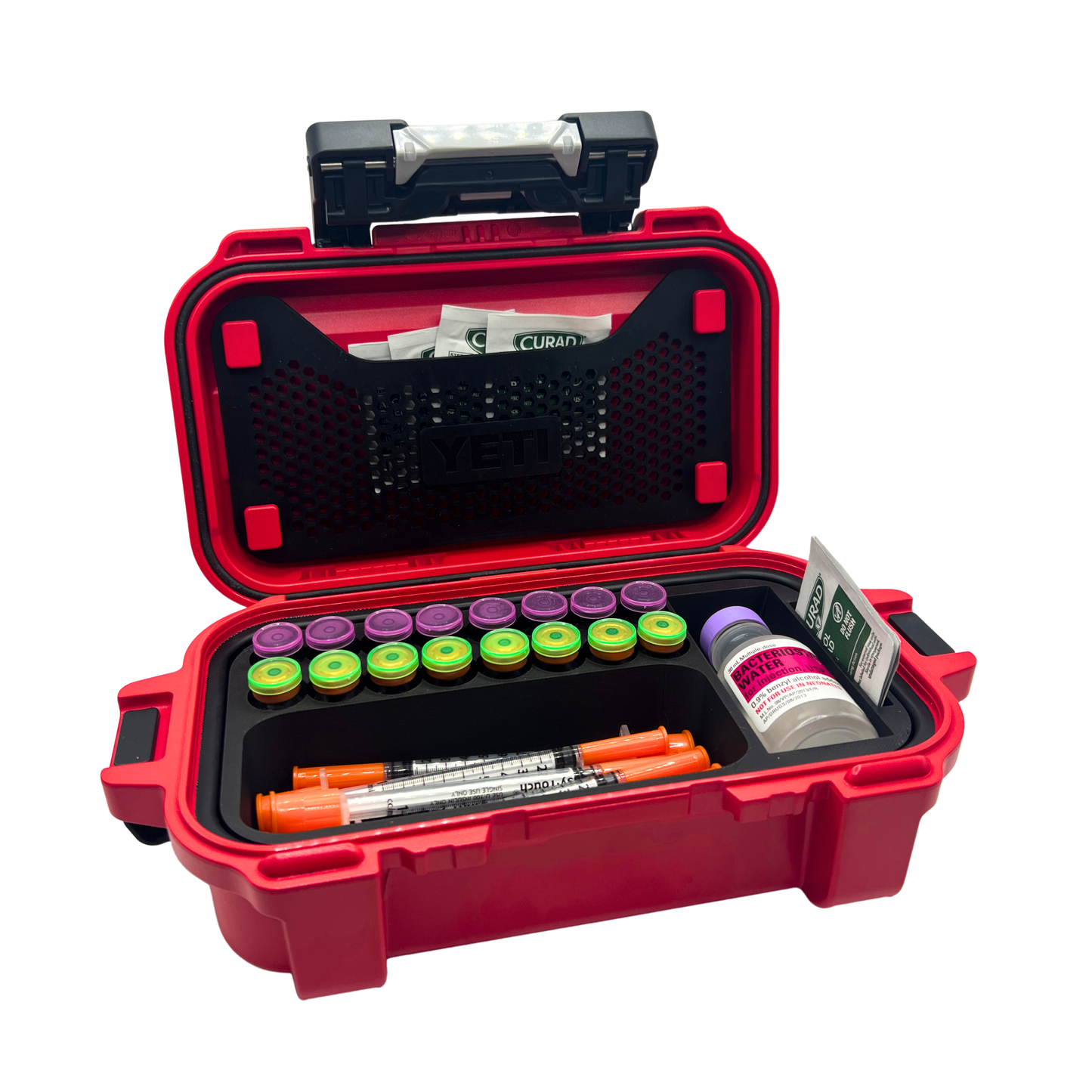Vial organizer insert for YETI GoBox 1 loaded with 16 3ml vials, syringes, and 30ml BAC water bottle inside open red GoBox case